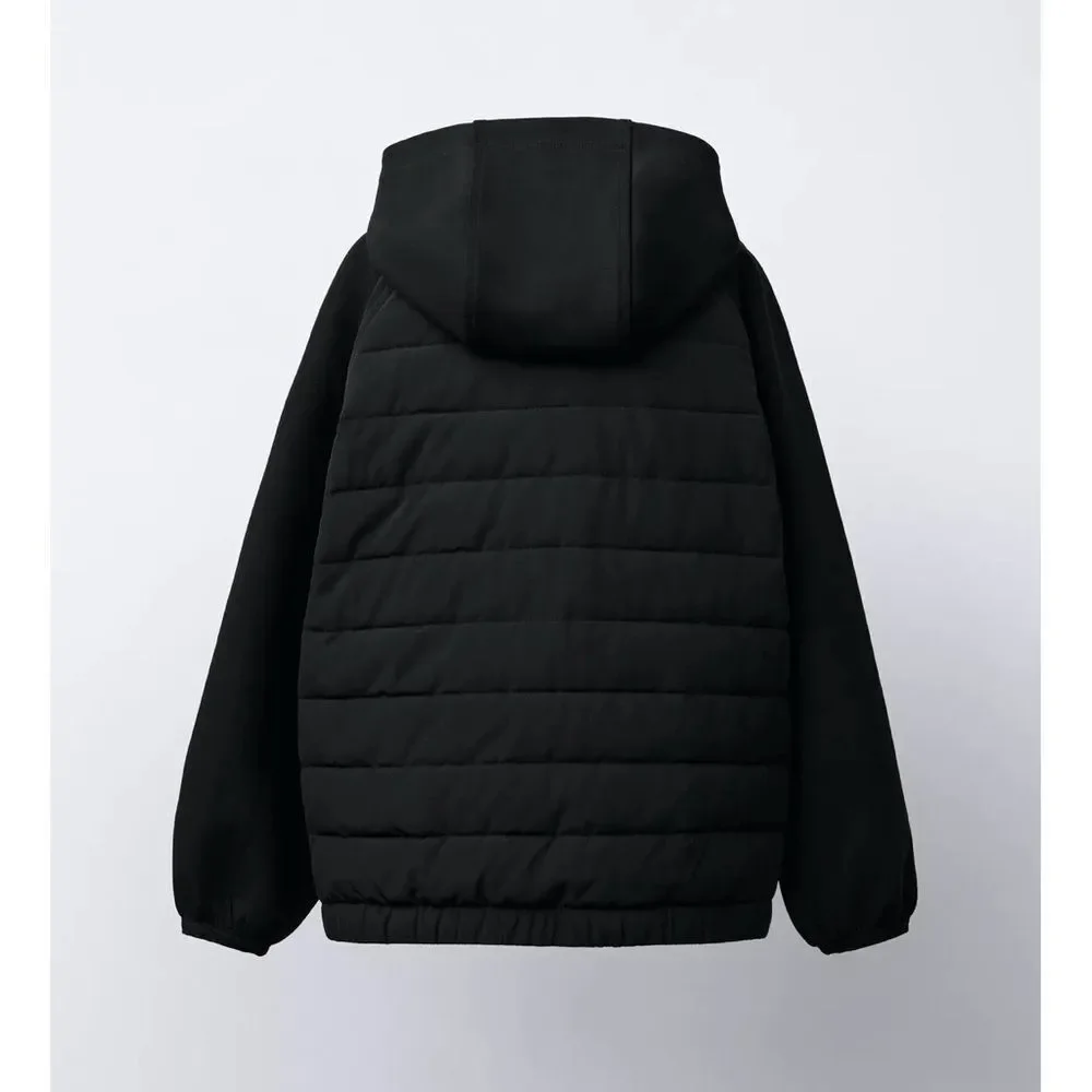 Zara Neoprene Black Hooded Puffer Jacket NWT Size 7-8 years old